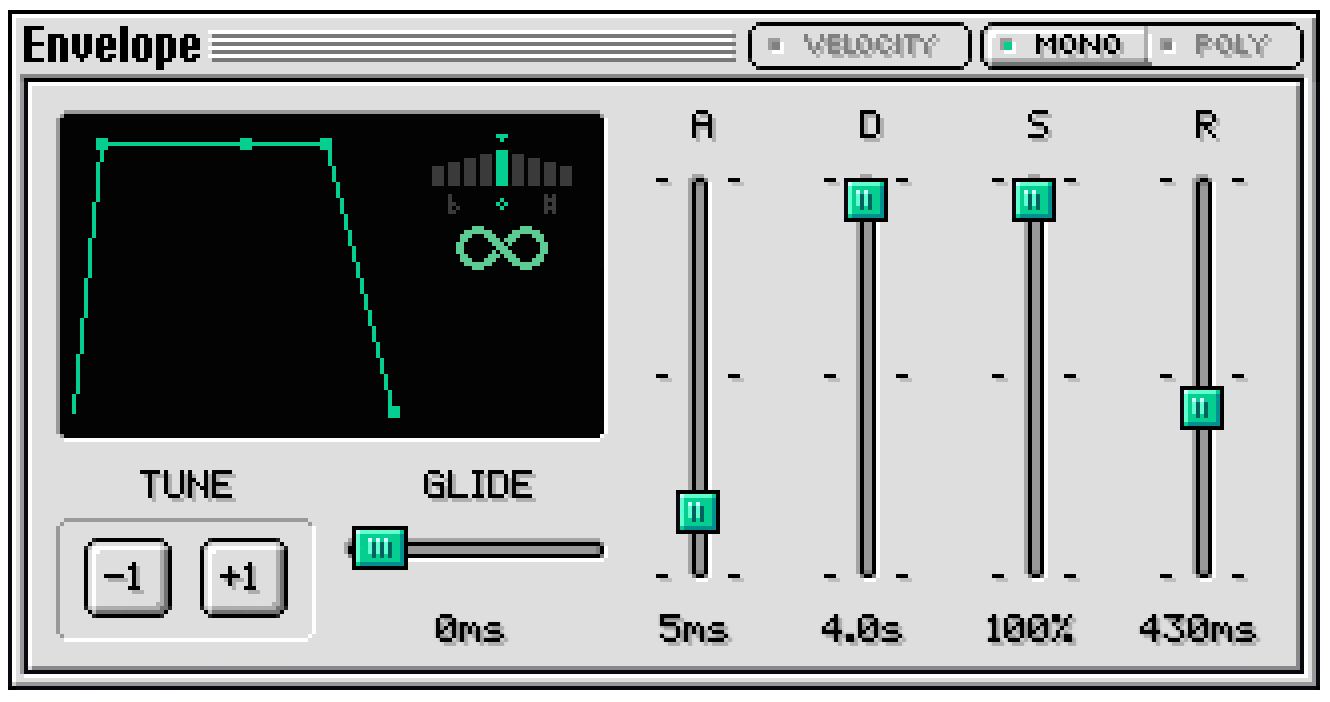 Squimpler envelope panel with mini tuner and infinite loop glyph